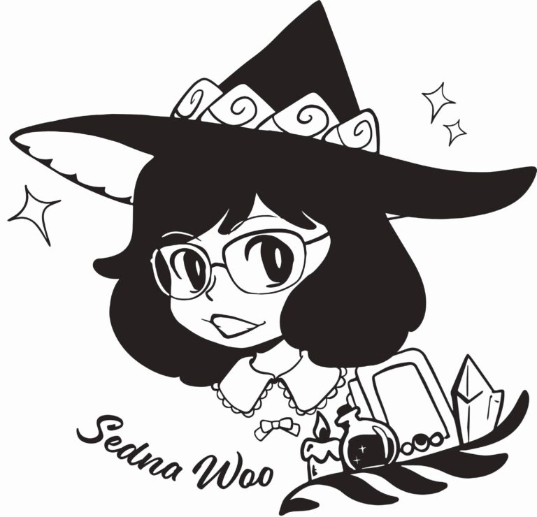 Logo: Black and white illustration of a witch with glasses and the text Sedna Woo at bottom.