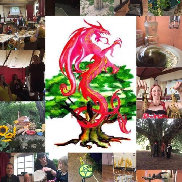 Logo with a red dragon over a green oak tree on a white background. Surrounding the logo are photos of crafty workshops.