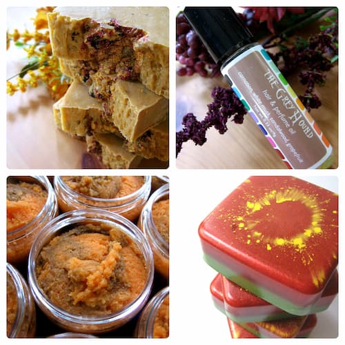 Four colorful pictures of soaps and body scrubs, in a square grid with rounded corners. The top left picture shows a stack of rustic yellow-gold soaps on a wooden surface, with yellow flowers in the background. In the top right, a glass vial with a black cap rests on burgundy flowers and foliage; the label is pinky grey and reads The Grey Hound; carnation, white musk, sandalwood, grapefruit; hair & perfume oil; net weight .33 ounces or 9 grams. The bottom right shows a stack of smooth, square, red & green layered soaps on a white background. In the bottom left photo, orangey-brown swirled sugar scrub is shown in clear jars.