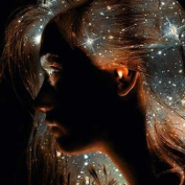 Dark photorealistic image of a person whose skin is darkness but their hair looks like a galaxy, and their eye glows like a star.