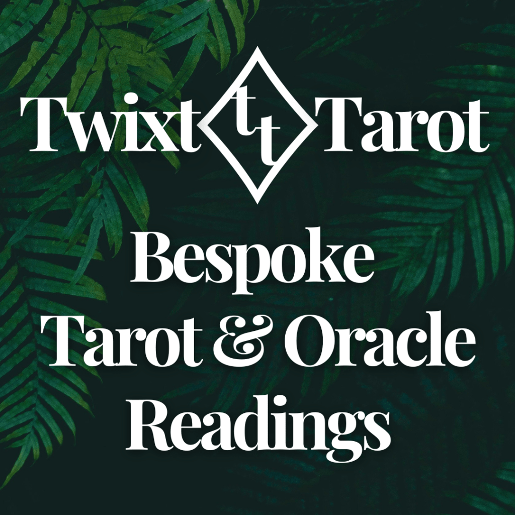 Twixt Tarot’s logo image in white, set against a dark green, tropical background featuring overhanging palm tree fronds. Below the logo, subtext in white: ‘Bespoke tarot & oracle readings