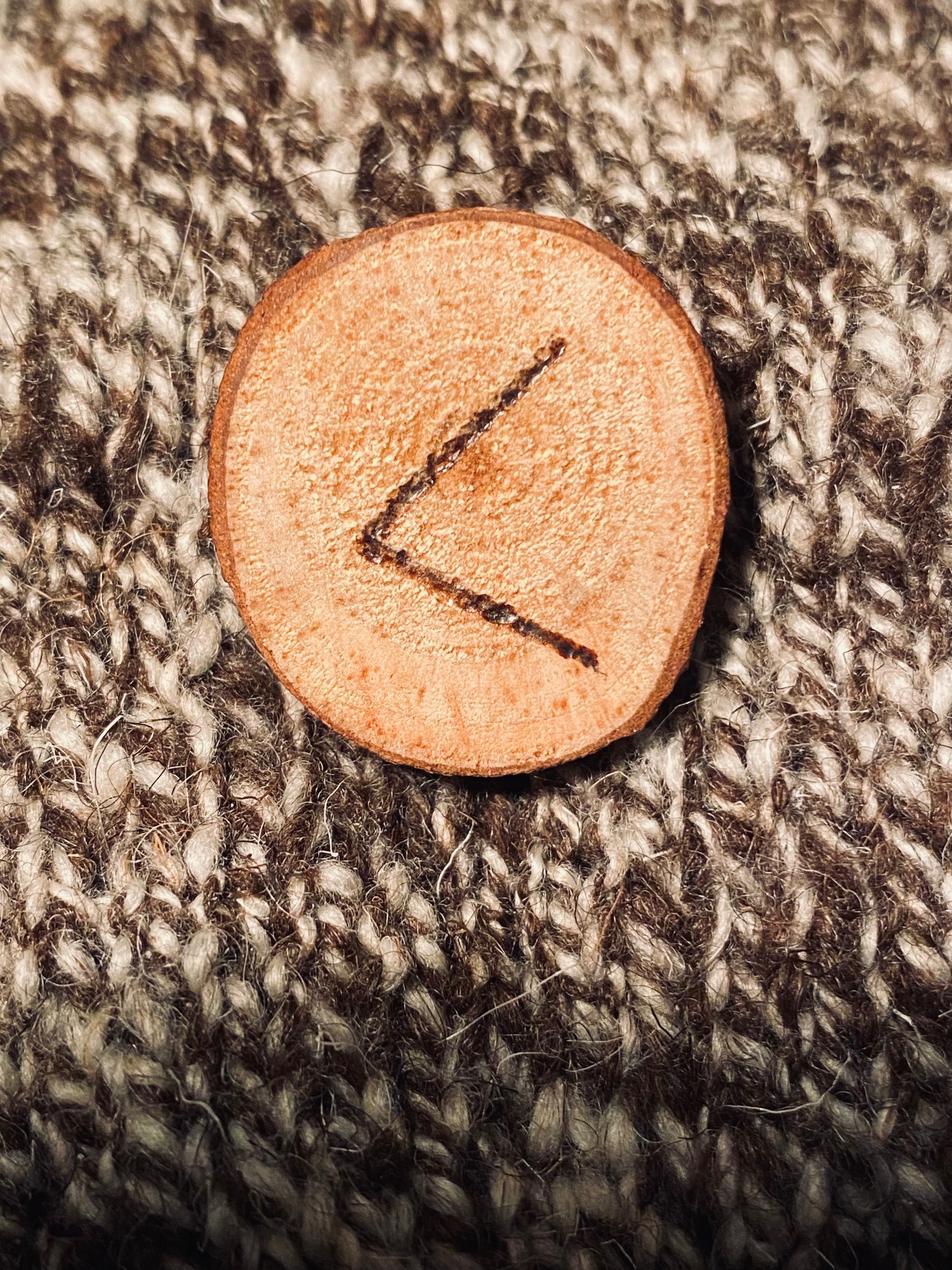 A small slice of wood with a rune burned into it.